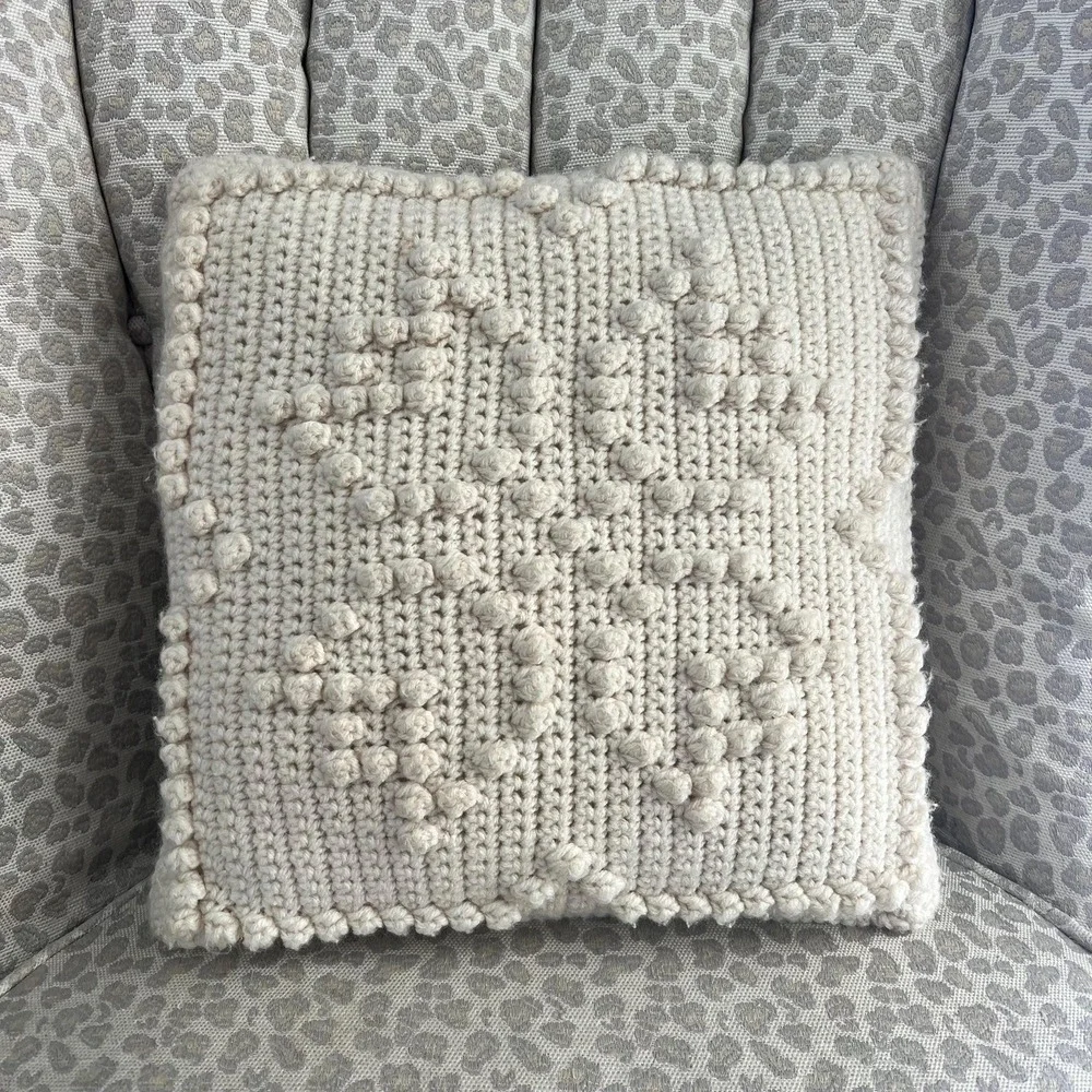 Handmade Crochet Tulip Pillow Cream Bobble Stitch Farmhouse Cottage Decor 13x13